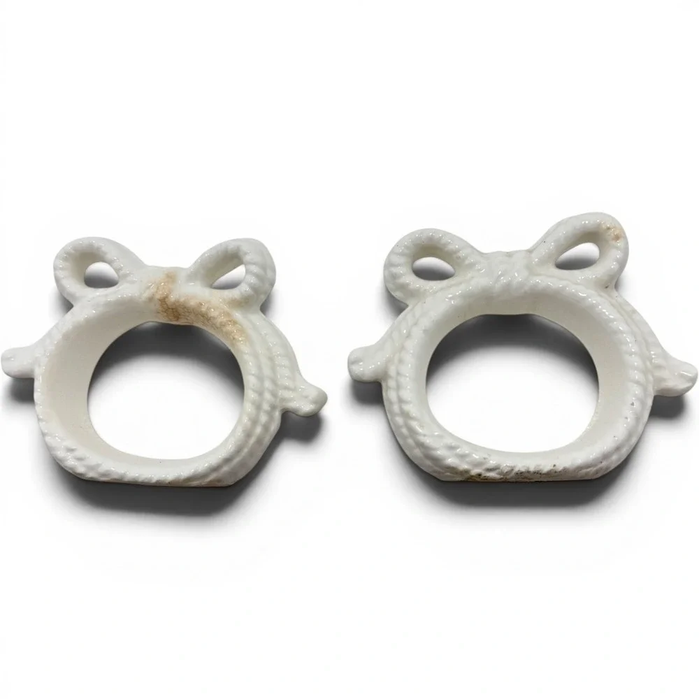Audrey Taiwan White Rope Bow Ceramic Napkin Rings Set of 2 Vintage Table Decor